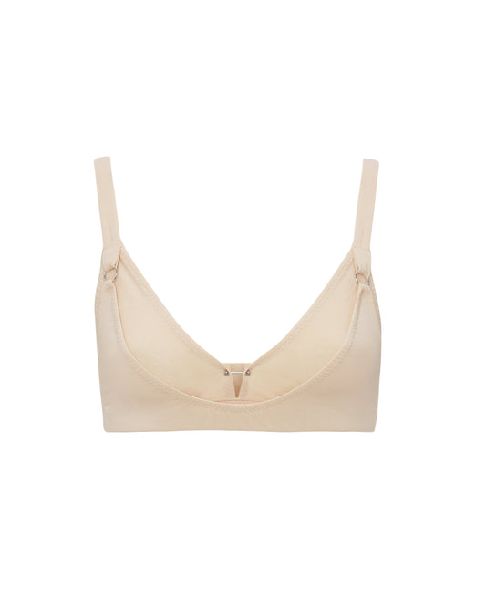 Cajsa Organic Cotton Triangle Bralette Top in Beige, featuring a soft, breathable design with piercing detail.