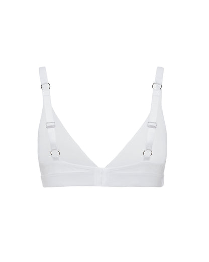 The Issy Organic Cotton Triangle Bralette with piercing detail in white.