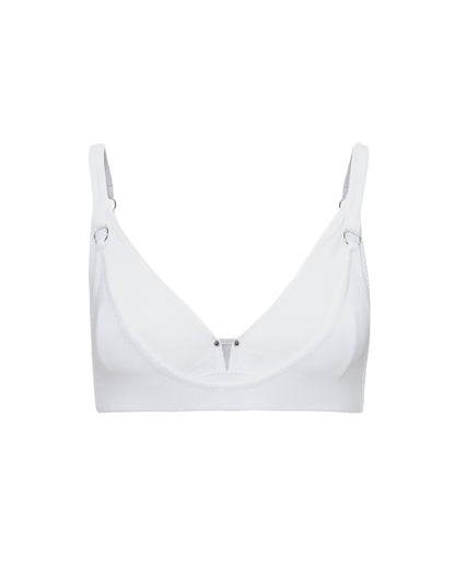 The Issy Organic Cotton Triangle Bralette with piercing detail in white.