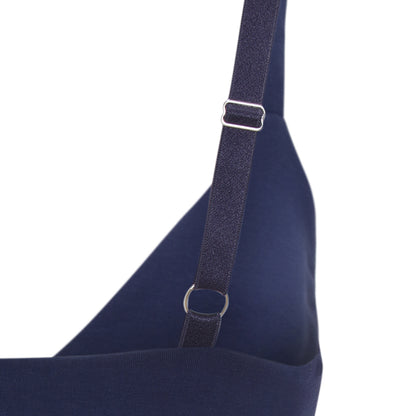 Mernet Organic Cotton Crossover Bra in Navy, featuring a stylish criss-cross design and wire-free support.