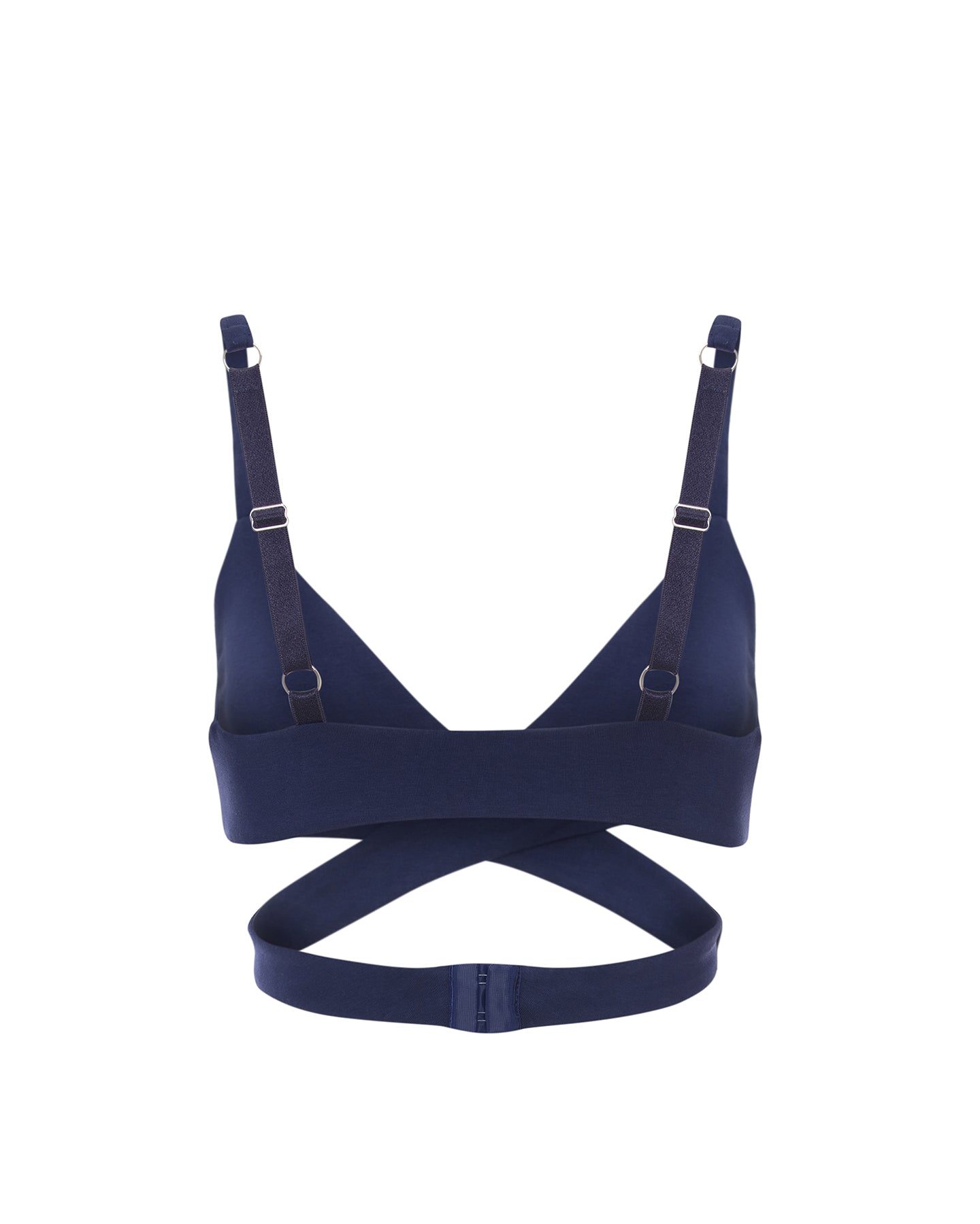 Mernet Organic Cotton Crossover Bra in Navy, featuring a stylish criss-cross design and wire-free support.