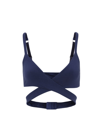 Mernet Organic Cotton Crossover Bra in Navy, featuring a stylish criss-cross design and wire-free support.